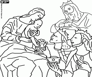 για ζωγραφική Μάγων παραδίδουν τα δώρα τους, χρυσό, λιβάνι και σμύρνα για το βρέφος Ιησού στην αγκαλιά της μητέρας του Μαρία